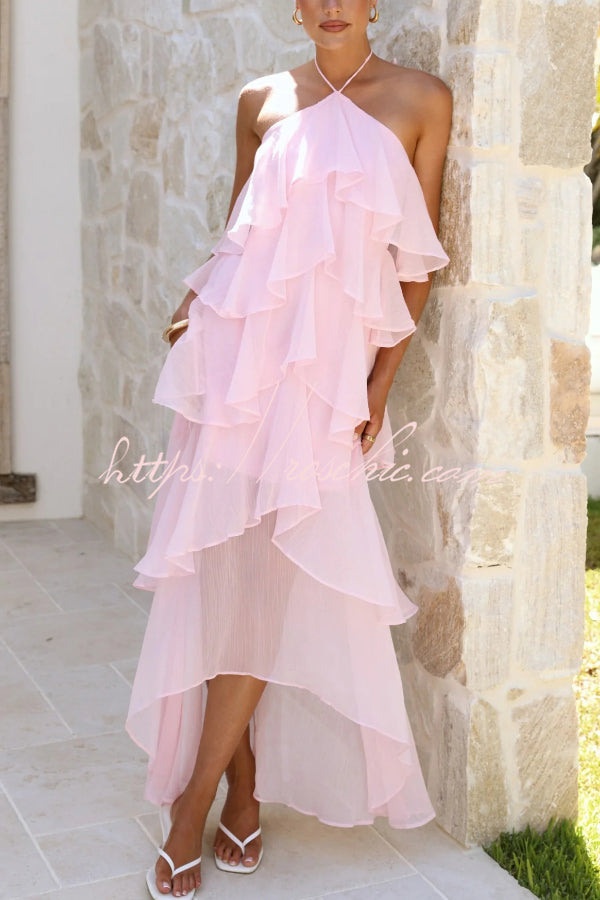 Solid Color Chiffon Halter Neck Elegant Ruffle Maxi Dress