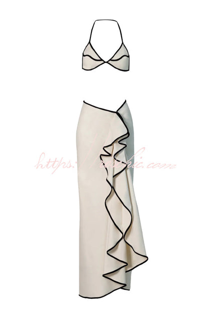 Black and White Color-blocked Two-piece Stretch Bikini Swimsuit and Elegant Ruffled Maxi Skirt Set