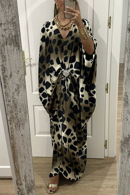 Airy Satin Unique Print V-neck Gemstone Embellished Drape Robe Maxi Dress
