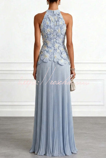 Emilie 3D Floral Embroidery Pleated Chiffon Hem Halter Neck Sleeveless Maxi Dress