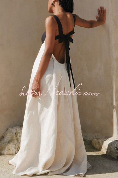 Jordina Linen Blend Colorblock Cups Backless Tie-up Loose Maxi Dress