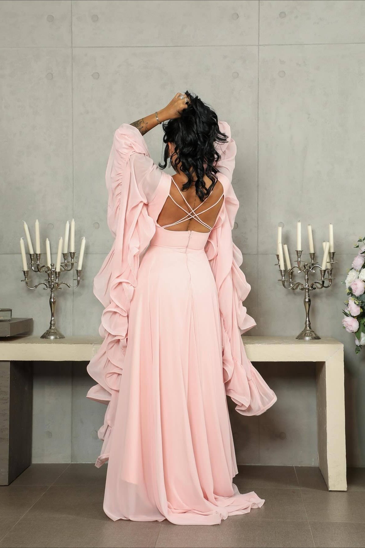 Ruffle Flared Sleeve Tulle Puff Tiered Maxi Dress