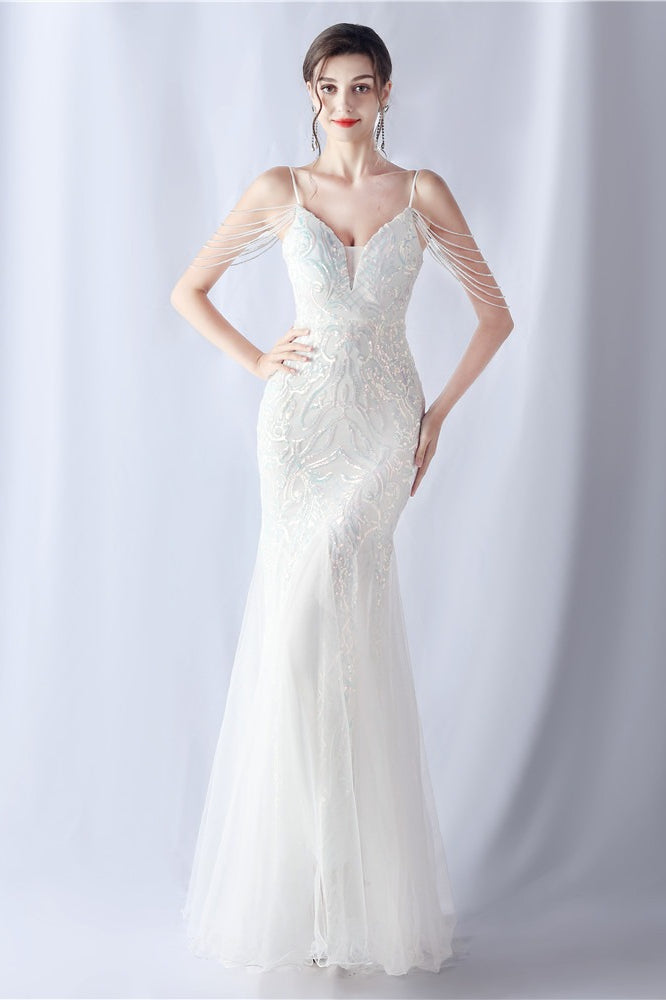 Vestido maxi de cóctel de malla con abalorios