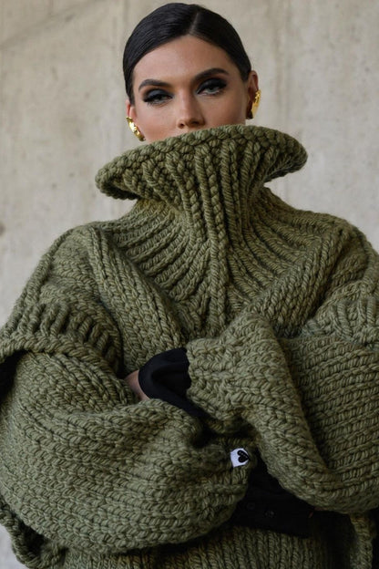 Suéter de cuello alto con diseño de retazos, grueso y esponjoso