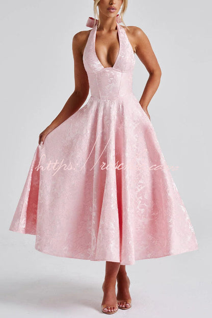 Stylish Jacquard Halter Neck Fitted Waist Open Back Elegant Midi Dress