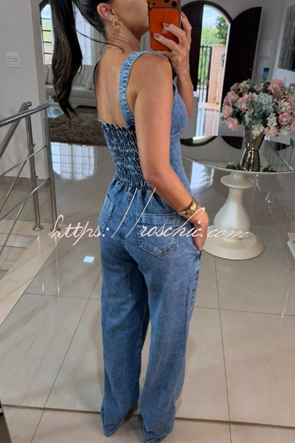 Heidi Denim Square Neck Button Back Smocked Pocket Flare Stretch Jumpsuit