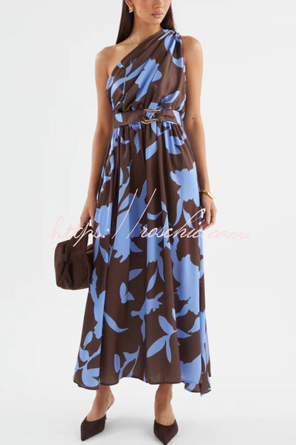 Unique Printed One-Shoulder Belt Casual Holiday Maxi Dress