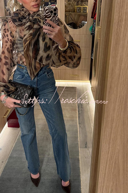 Peregrine Semi-sheer Silk Animal Print Bow Neck Balloon Sleeve Loose Blouse