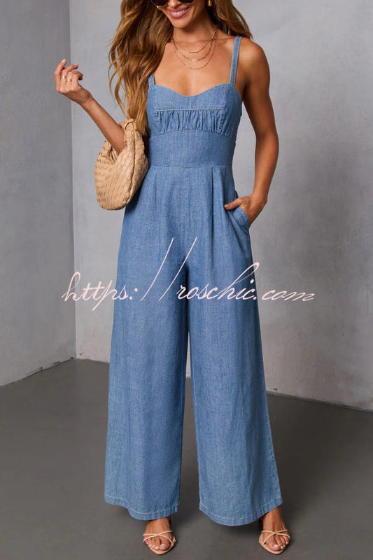 Solid Color Sleeveless Backless Casual Pocket Faux Denim Wide-leg Jumpsuit