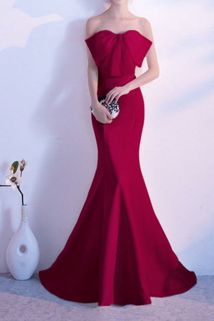Vestido de Fiesta Largo de Sirena sin Tirantes con Lazo