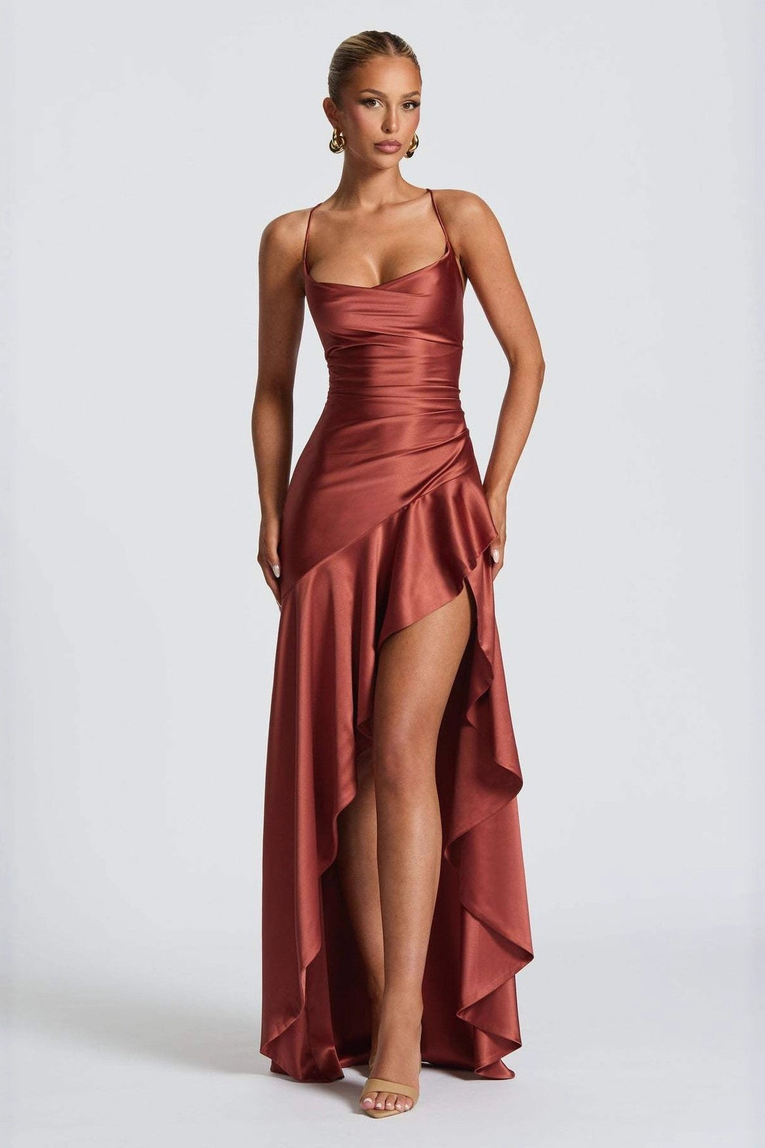 Satin Spaghetti Strap Backless Tie Elegant  Formal Dress