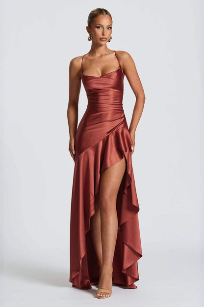 Satin Spaghetti Strap Backless Tie Elegant  Formal Dress