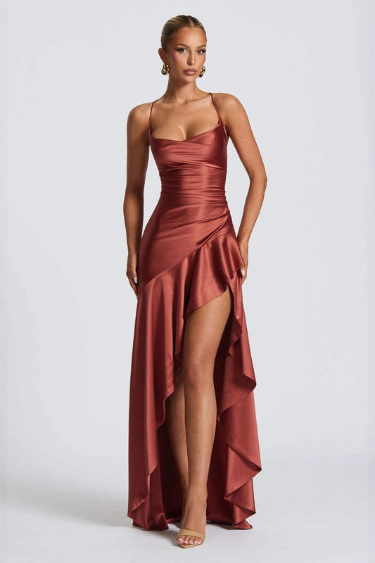 Satin Spaghetti Strap Backless Tie Elegant  Formal Dress