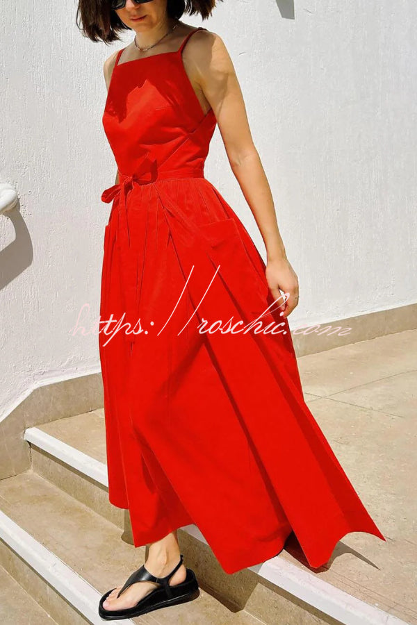 Solid Color Sleeveless Side Slit Tie-up Casual Vacation Pocket Maxi Dress