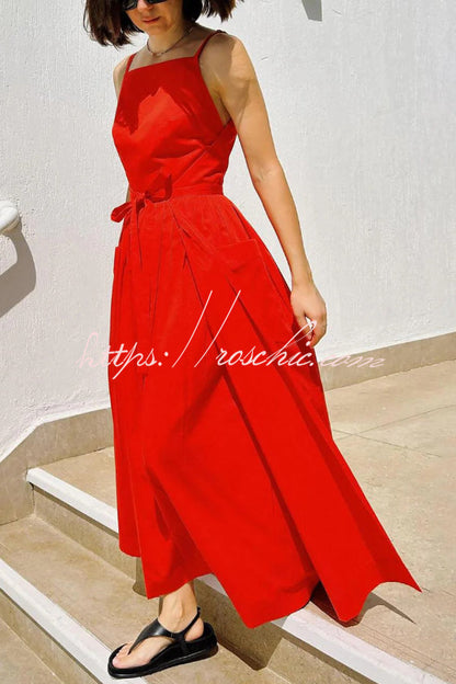 Solid Color Sleeveless Side Slit Tie-up Casual Vacation Pocket Maxi Dress