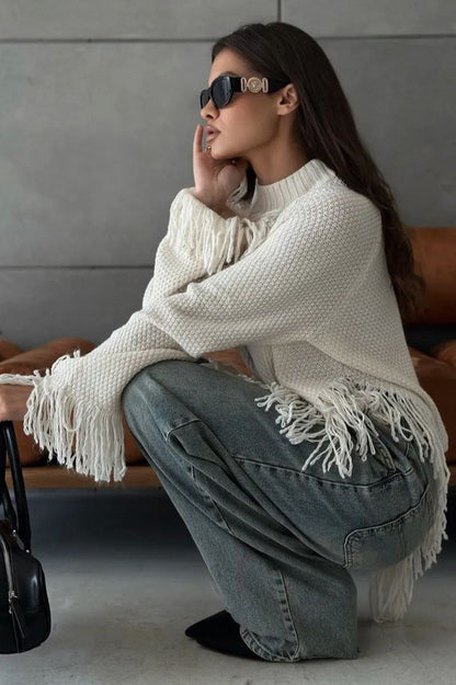 Fringe Round Neck Knit Asymmetric Blouse