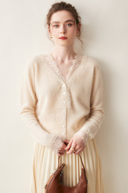 Cashmere Lace-Trimmed V-Neck Knit Cardigan