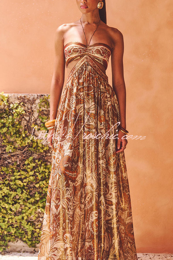 Bohemian Flair Chiffon Golden Paisley Print Cutout Halter Maxi Dress