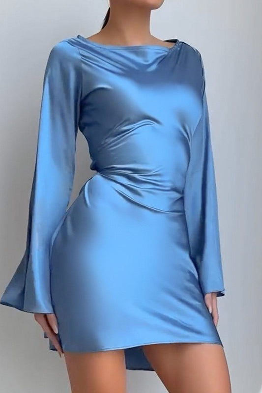 Satin Bodycon Belted Mini Silk Dress
