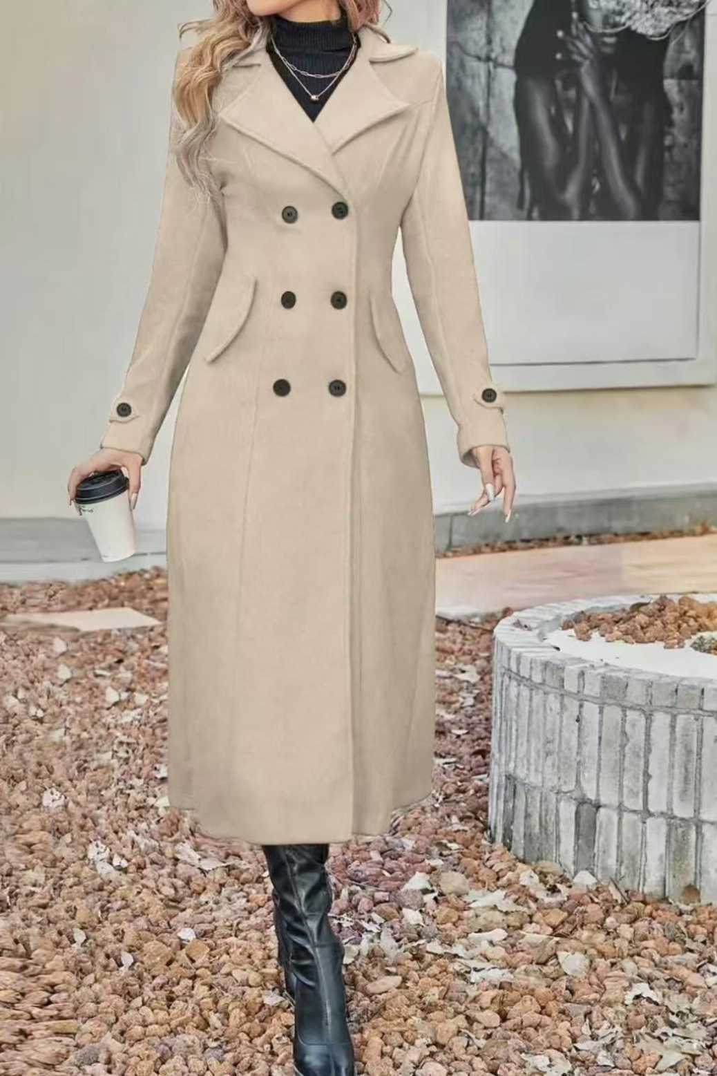 Abrigo Chic Cruzado con Solapas de Mezcla de Lana