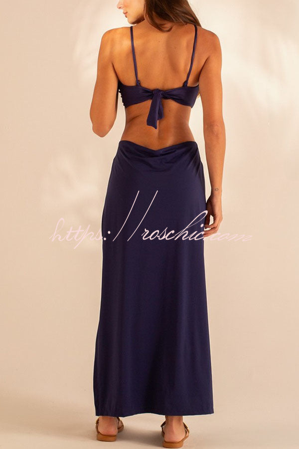 Metal Shell Straps Elastic Bikini and Slit Cover-up Dress Three-piece Set