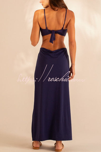 Metal Shell Straps Elastic Bikini and Slit Cover-up Dress Three-piece Set