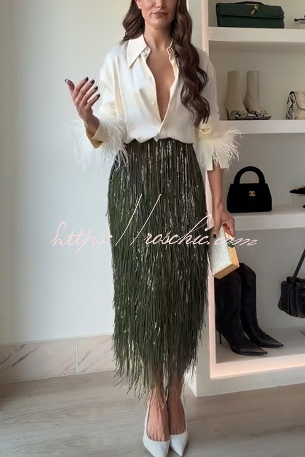 Party Crasher Feather Trim Long Sleeve Button Up Loose Blouse (Shipped Within 24 Hours)