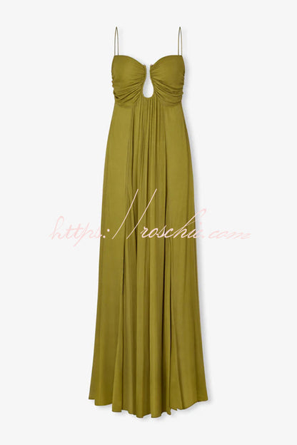 Soft and Elegant Metal Hollow Design Back Smocked A-line Slip Maxi Dress