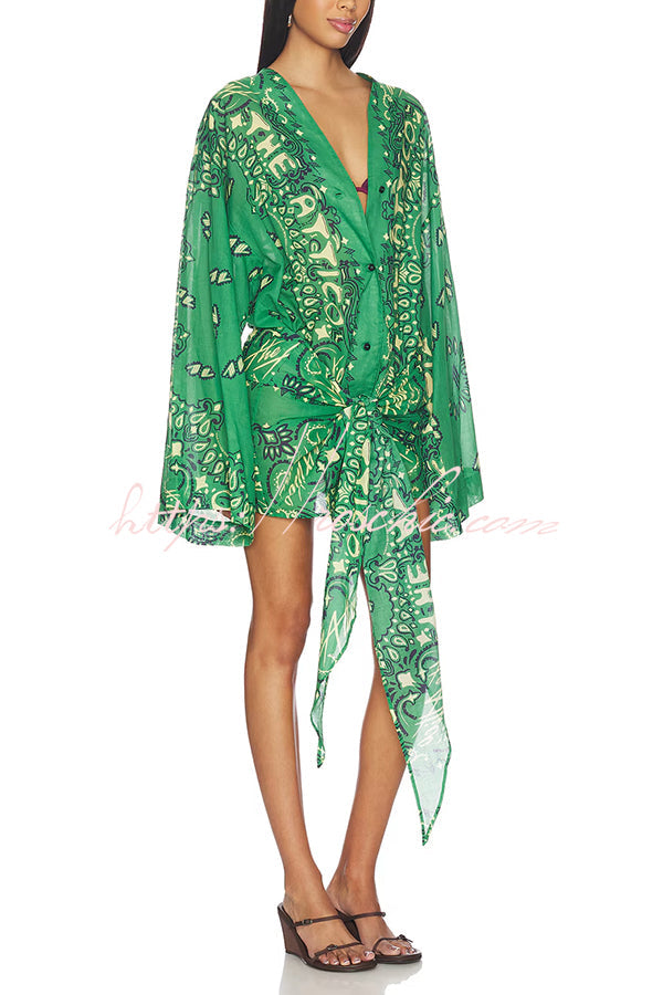 Sulena Linen Blend Ethnic Print Button Up Long Bell Sleeve Warp Tie-up Mini Dress