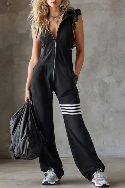 Stylish Hooded Sleeveless Lace Zipper Casual Sports Jumpsuit
