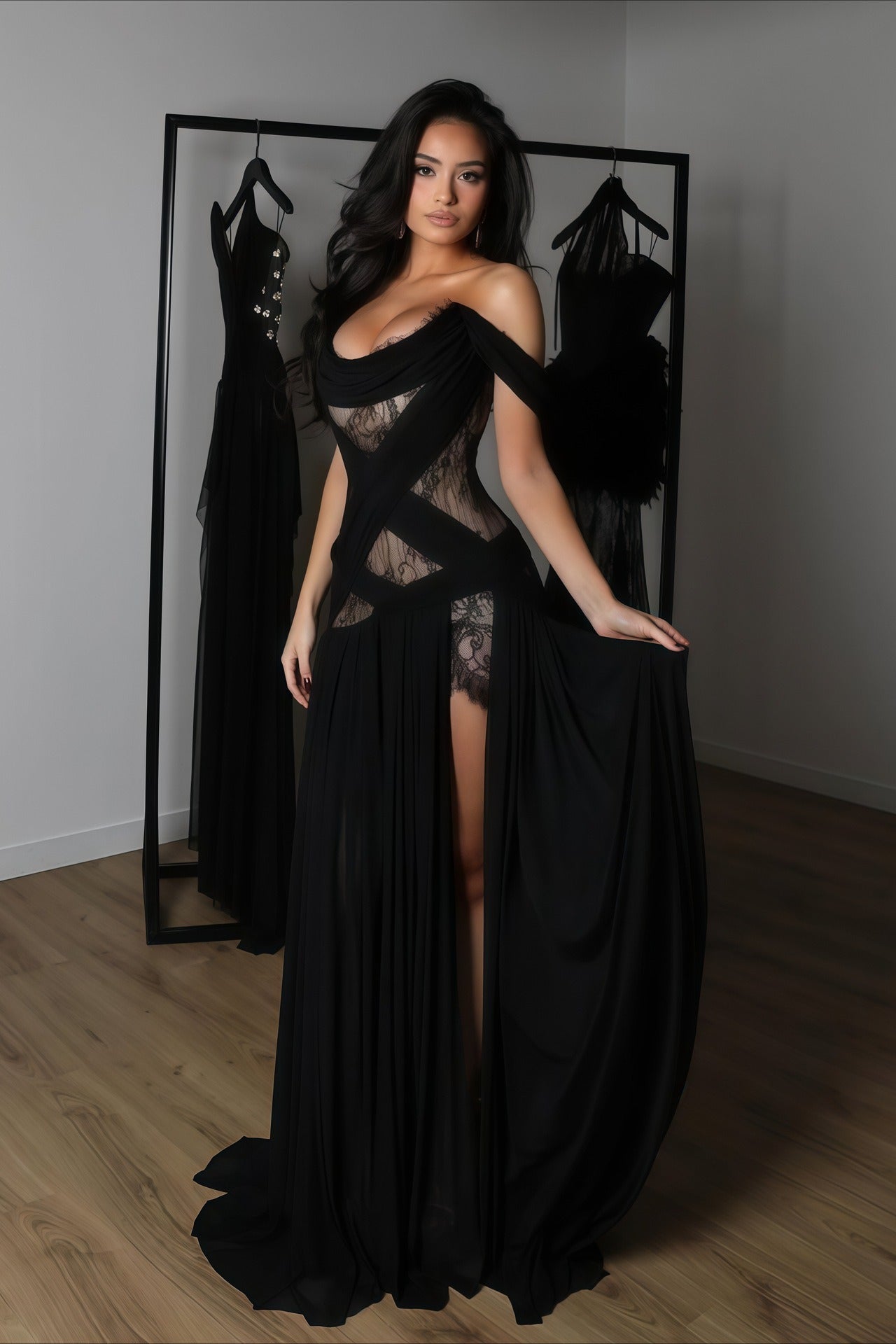 Vestido largo transparente con abertura, corte y encaje sexy