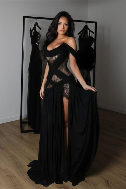 Vestido largo transparente con abertura, corte y encaje sexy
