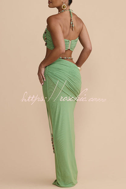 Emara Stretch Mesh Hand Beaded Detachable Belt Gathered Waist Vacation Maxi Skirt