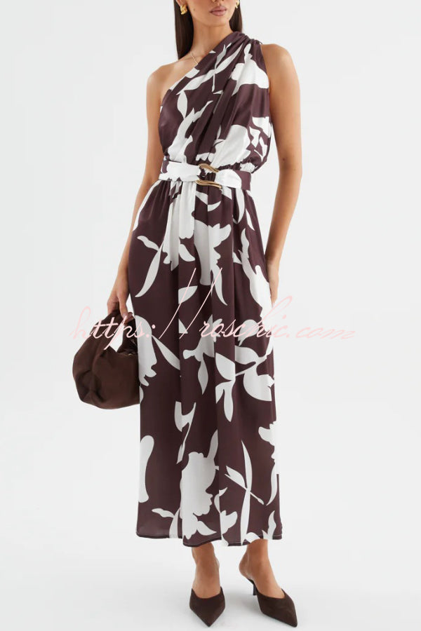 Unique Printed One-Shoulder Belt Casual Holiday Maxi Dress