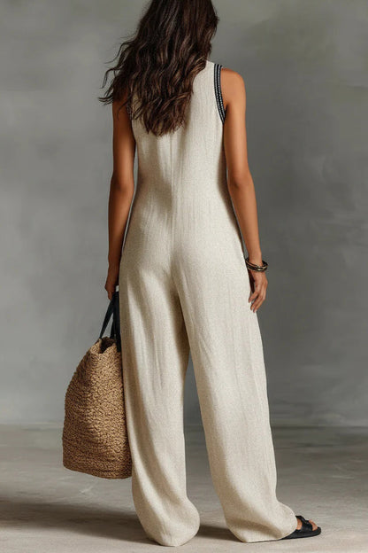 Linen Blend Sleeveless V-neck Casual Pocket Loose Jumpsuit