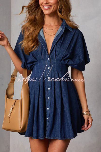 Stylish Collared Short-sleeved Fitted Waist Button-down Casual Mini Dress