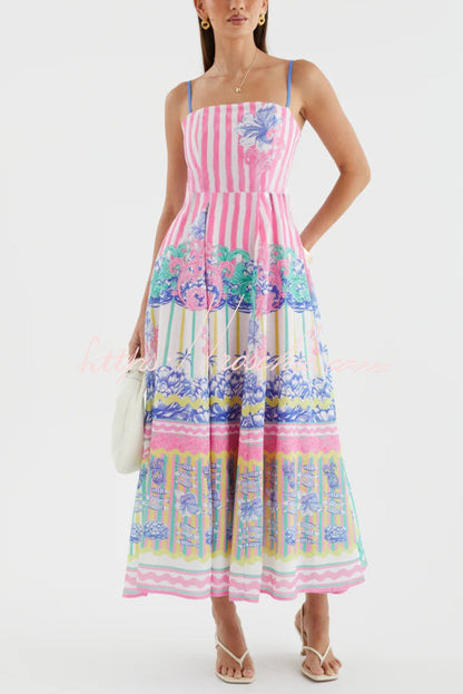Unique Print Spaghetti Strap Square Neck Fitted Waist Elegant Maxi Dress