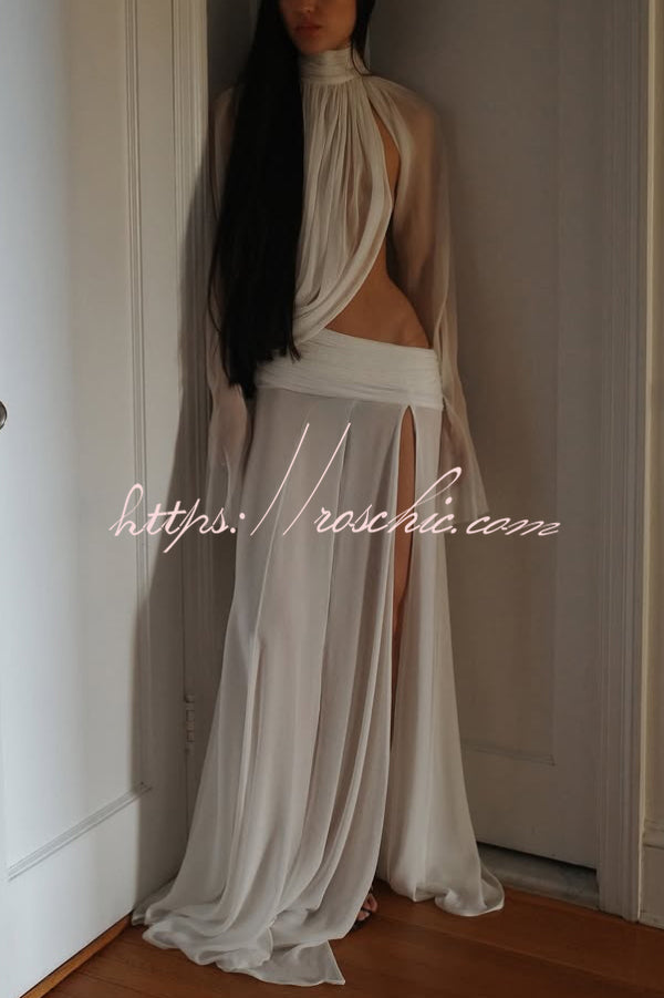 Sexy See-through High-neck Long-sleeved Draped Top and High-waisted Slit Maxi Skirt Vacation Set