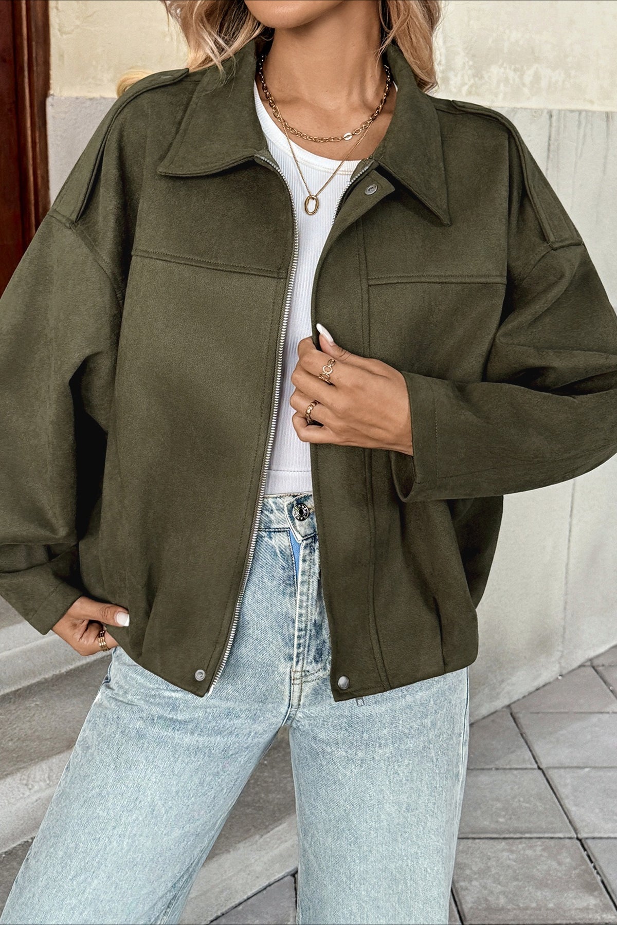 Cazadora bomber de imitación de ante con cuello de solapa