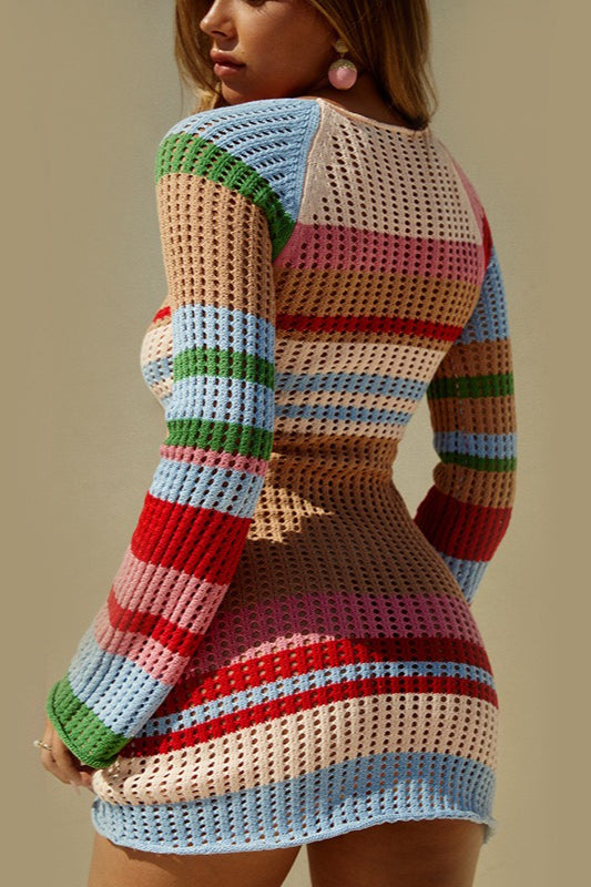 Striped Color-Block U-Neck  Long-Sleeve Knit Sweater Dress