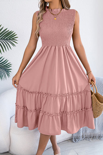 Solid Color Sleeveless Tucked Patchwork Casual Midi Dress