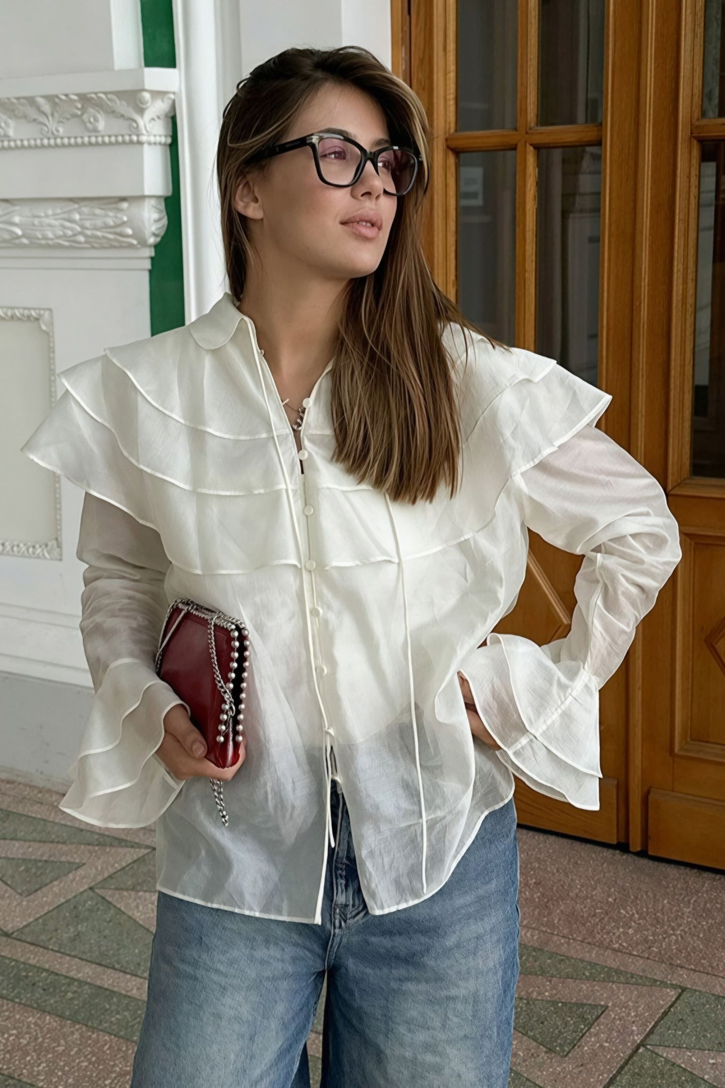 Blusa de chifón Tencel con volantes en las mangas y vuelo