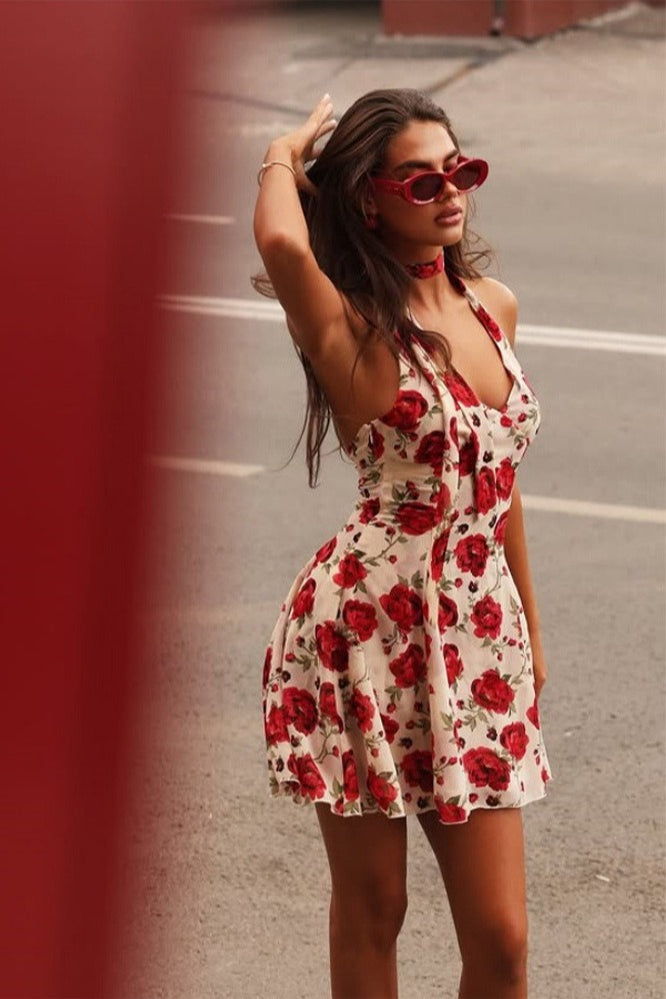 Printed Halter Backless Slim Mini Dress