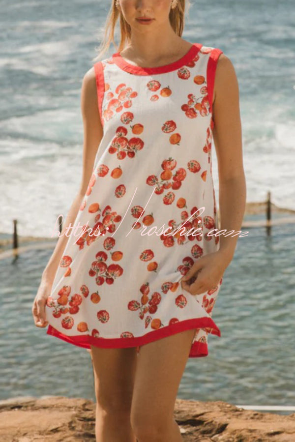 Tomato Print Loose Round Neck Sleeveless Casual Pocket Mini Dress