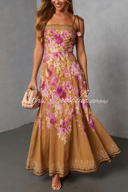 Fashionable Floral Print Square Neck Casual Vacation Maxi Dress