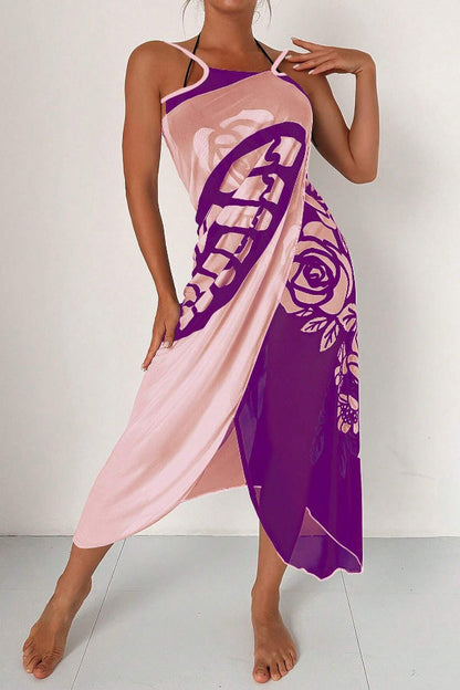 Fashionable Color-blocked Butterfly Print Resort Cover-up Midi Dress