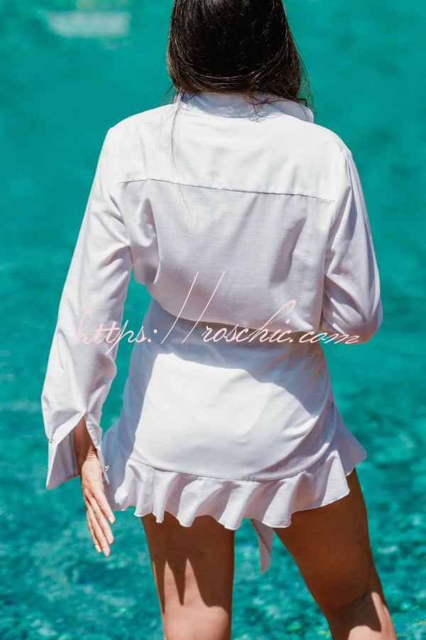 Solid Color Collared Long-sleeved Casual Shirt Style Lace Up Vacation Mini Dress