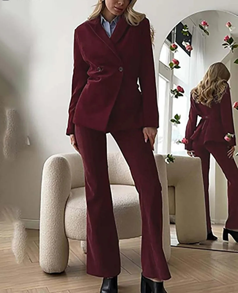 Wine Red Double Breasted Trousers Office Two Piece Set