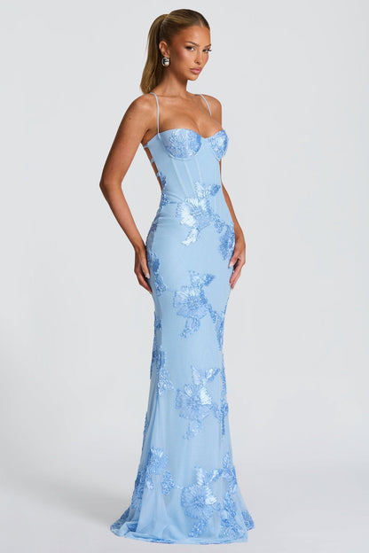 Vestido de graduación sólido con apliques 3D, almohadilla de hueso y espalda con lazo