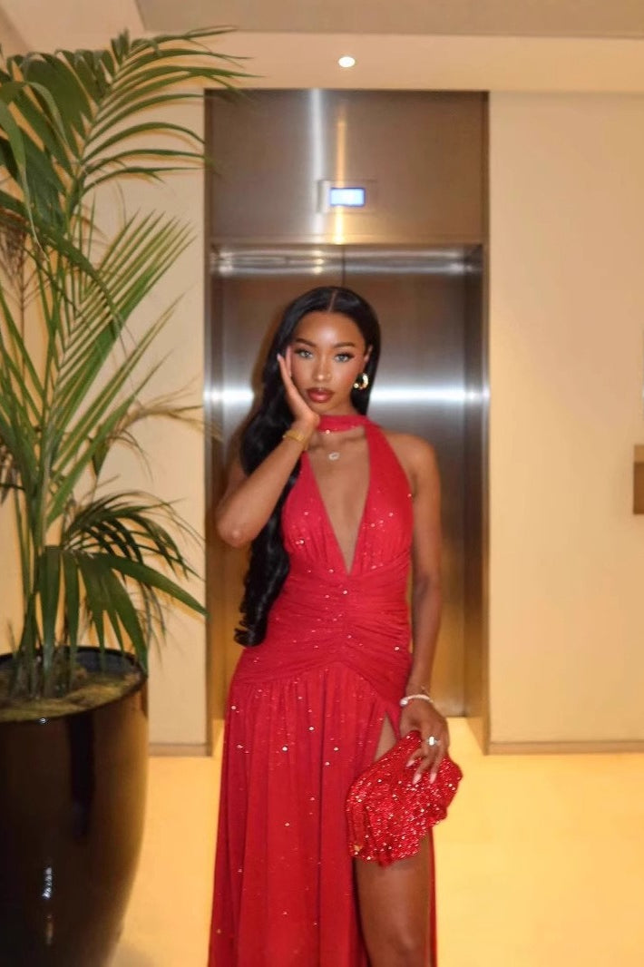 Sleeveless Backless Deep V Sequin Slit  Formal Dress